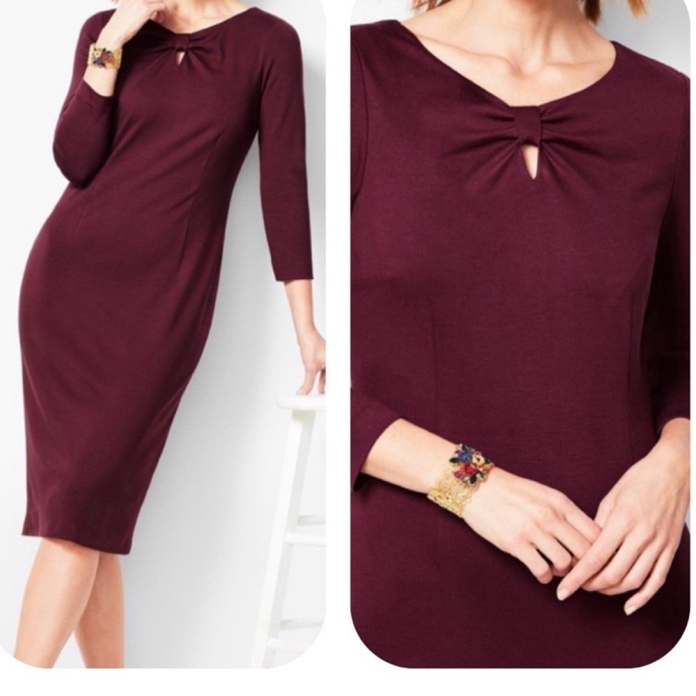 Talbots size 14 burgundy 3/4 sleeve sheath dress, zip back. Midi